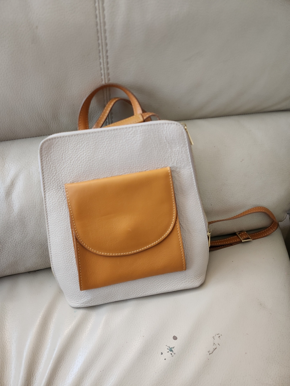Women’s White & Mustard Two-Tone Leather Backpack with Front Pocket